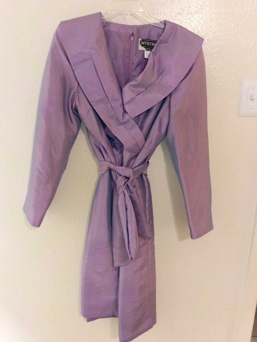 Mystique Boutique Lavender Satin Wrap Dress with Tie Waist